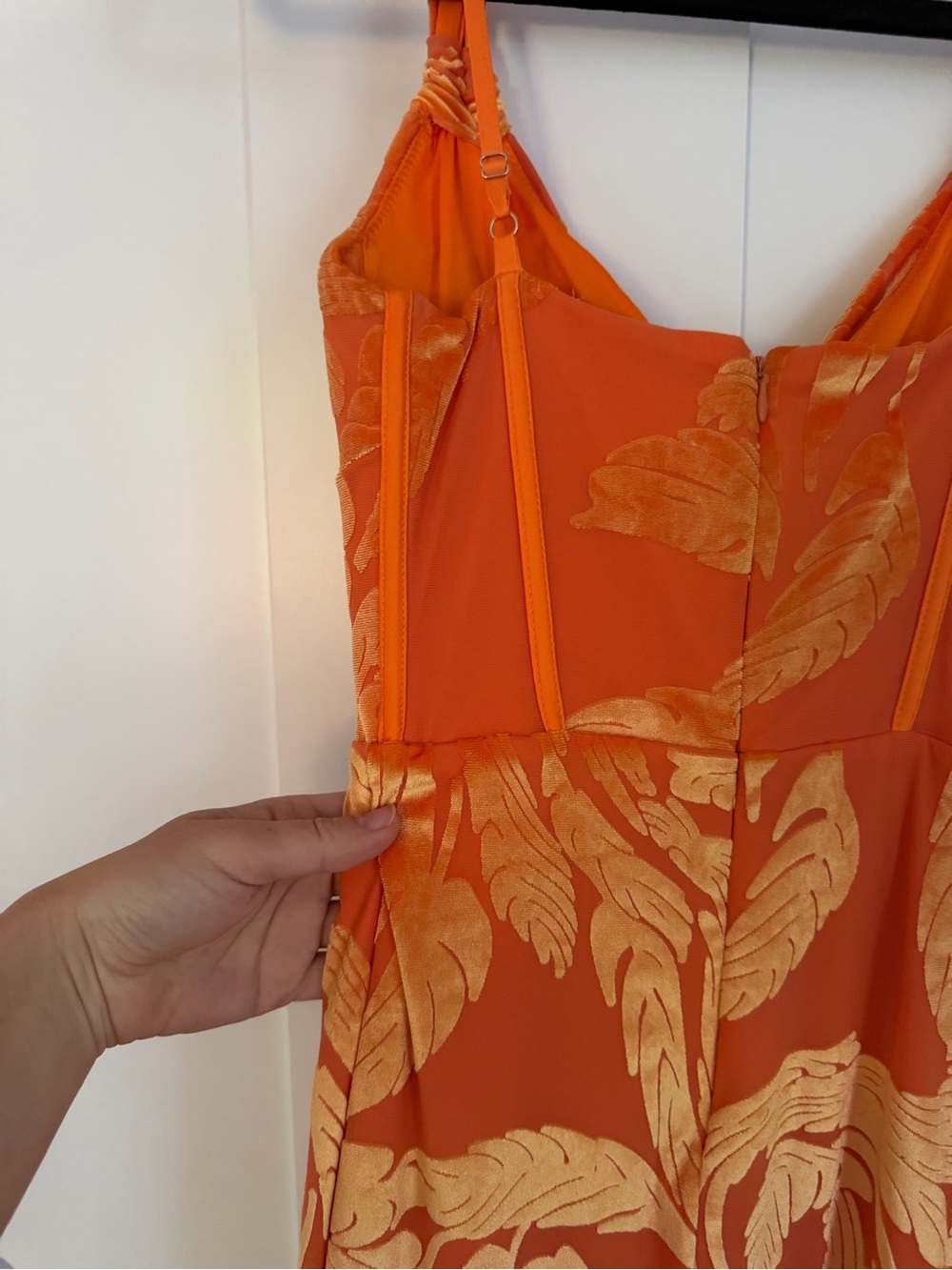 Oh Polly Orange Velvet Corset Mini Dress UK 8 US 4 Textured Lace Up Bodycon - Picture 5 of 7